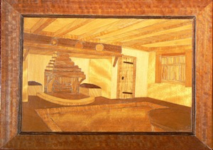 Marquetry picture of an interior. Another of Dad's works.